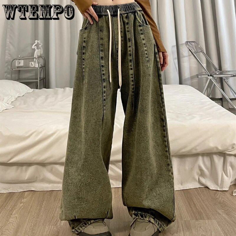 Ženske američke vintage široke traperice s elastičnim strukom, prevelike duge traper hlače širokih nogavica, ulična odjeća, ravne, osnovne, dnevne Y2k