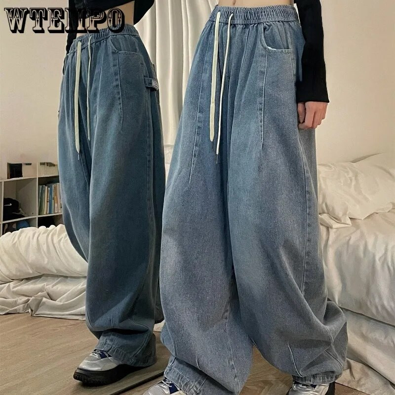Ženske američke vintage široke traperice s elastičnim strukom, prevelike duge traper hlače širokih nogavica, ulična odjeća, ravne, osnovne, dnevne Y2k