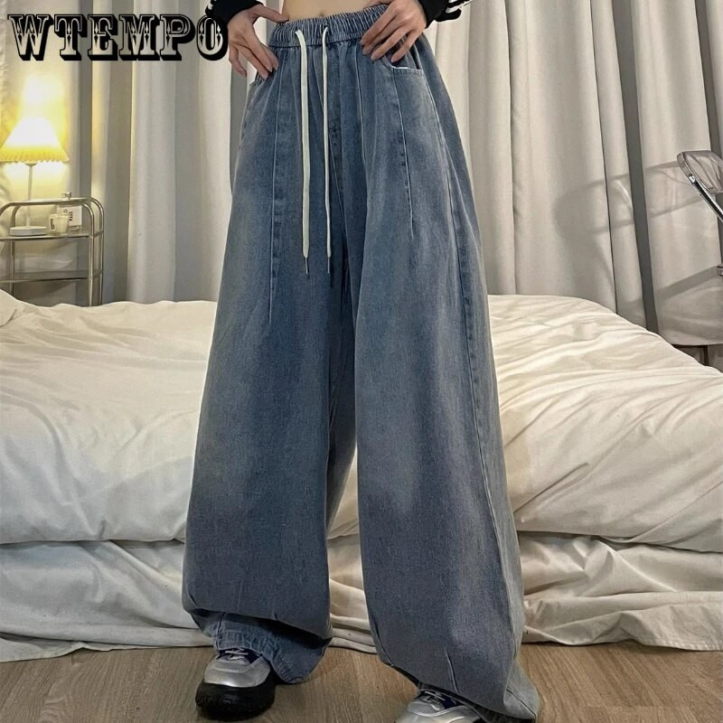 Ženske američke vintage široke traperice s elastičnim strukom, prevelike duge traper hlače širokih nogavica, ulična odjeća, ravne, osnovne, dnevne Y2k