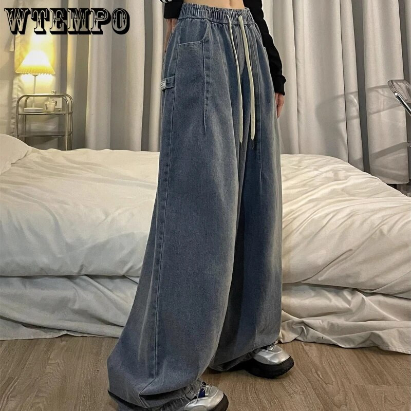 Ženske američke vintage široke traperice s elastičnim strukom, prevelike duge traper hlače širokih nogavica, ulična odjeća, ravne, osnovne, dnevne Y2k