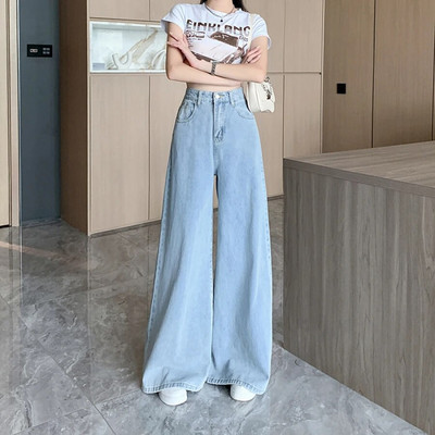 Šviesiai mėlyni platūs džinsai rudens moterims, nauji aukštu juosmeniu Y2k džinsai, korsetas, laisvos moteriškos kelnės Korėjietiškos mados gatvės drabužiai