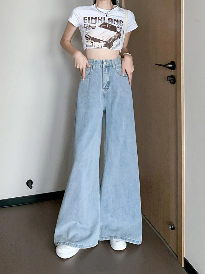 Šviesiai mėlyni platūs džinsai rudens moterims, nauji aukštu juosmeniu Y2k džinsai, korsetas, laisvos moteriškos kelnės Korėjietiškos mados gatvės drabužiai