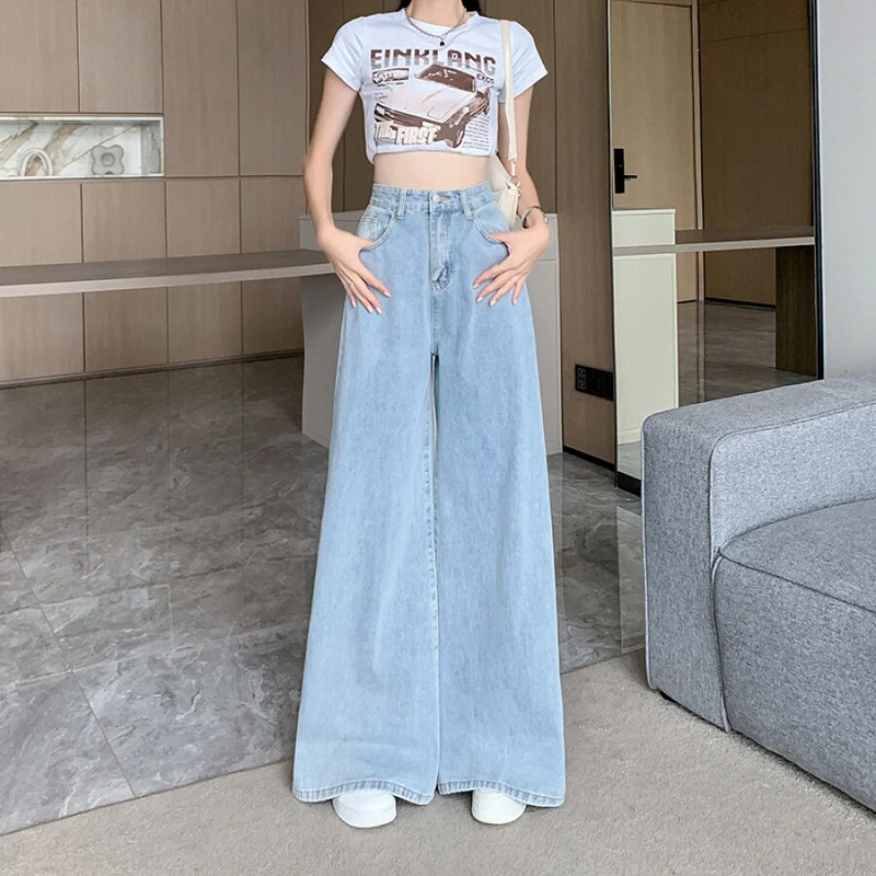 Šviesiai mėlyni platūs džinsai rudens moterims, nauji aukštu juosmeniu Y2k džinsai, korsetas, laisvos moteriškos kelnės Korėjietiškos mados gatvės drabužiai