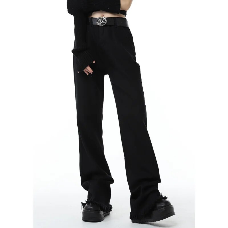 Blugi negri de epocă pentru femei, cu talie înaltă, moda coreeană, stil streetwear, cu picioare largi, pantaloni largi, pantaloni drepti din denim