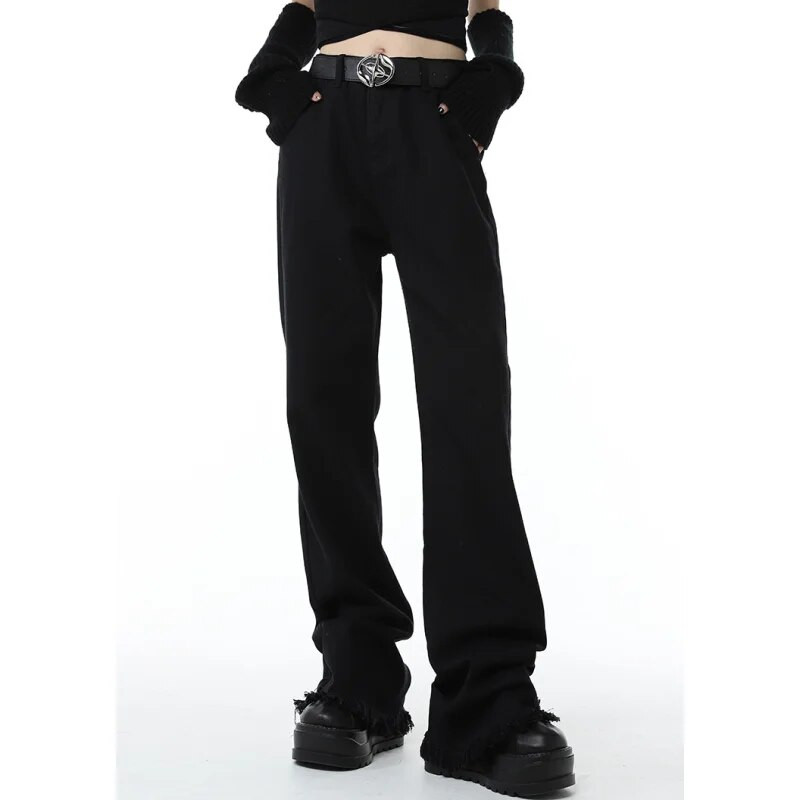 Blugi negri de epocă pentru femei, cu talie înaltă, moda coreeană, stil streetwear, cu picioare largi, pantaloni largi, pantaloni drepti din denim