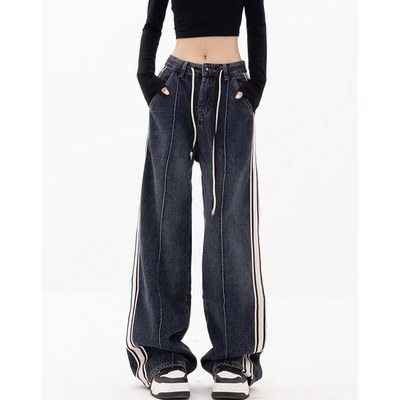 Amerikietiški vintažiniai mėlynai dryžuoti džinsai, madingi, kupriniai aukštu juosmeniu, tiesios kelnės Gatvės laisvalaikio plačios šluostės, džinsinės kelnės, moteriškos