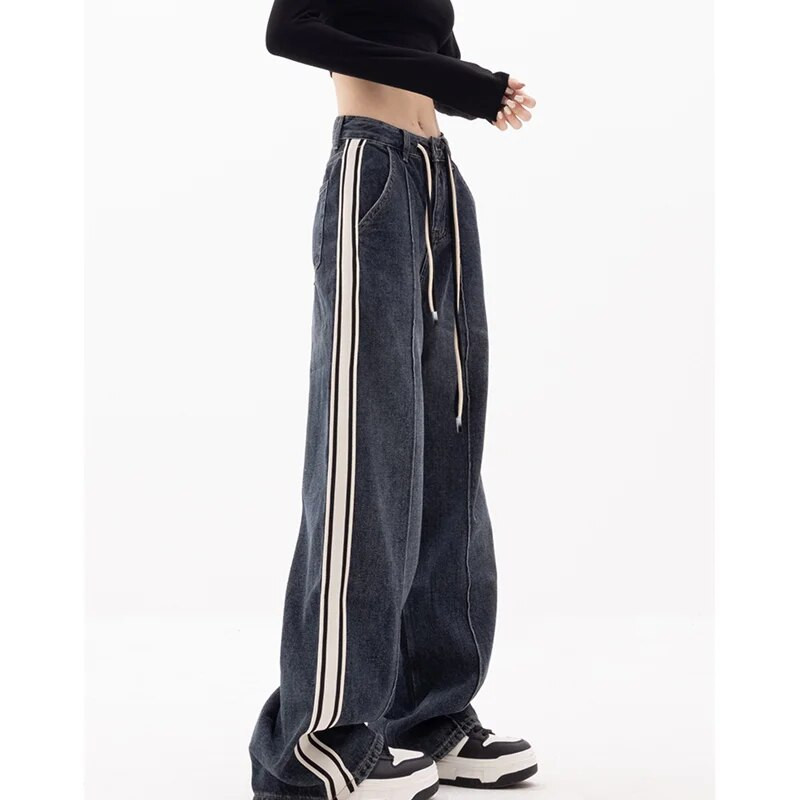 Amerikietiški vintažiniai mėlynai dryžuoti džinsai, madingi, kupriniai aukštu juosmeniu, tiesios kelnės Gatvės laisvalaikio plačios šluostės, džinsinės kelnės, moteriškos