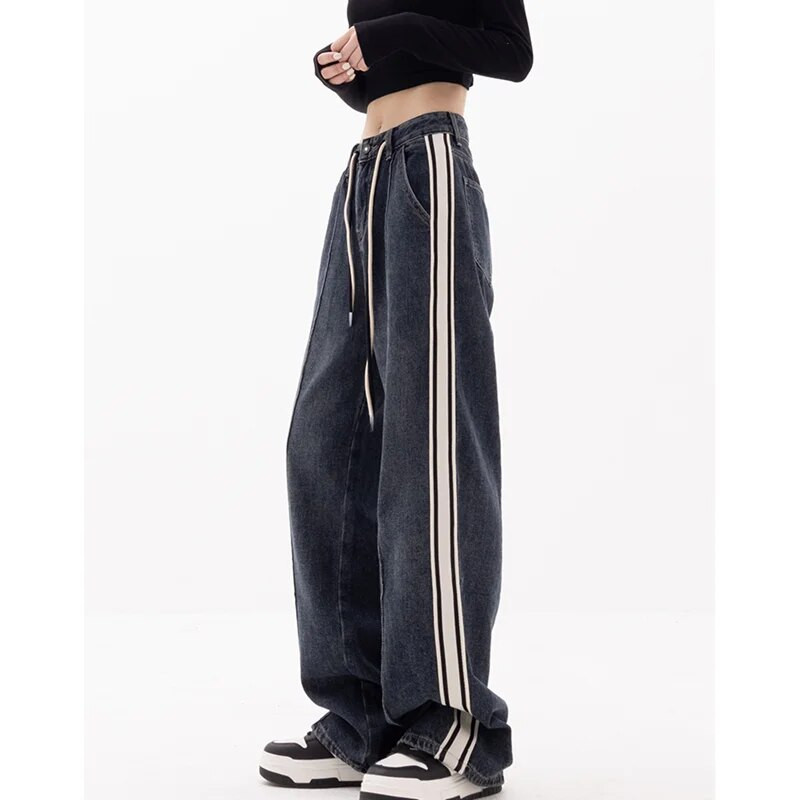 Amerikietiški vintažiniai mėlynai dryžuoti džinsai, madingi, kupriniai aukštu juosmeniu, tiesios kelnės Gatvės laisvalaikio plačios šluostės, džinsinės kelnės, moteriškos