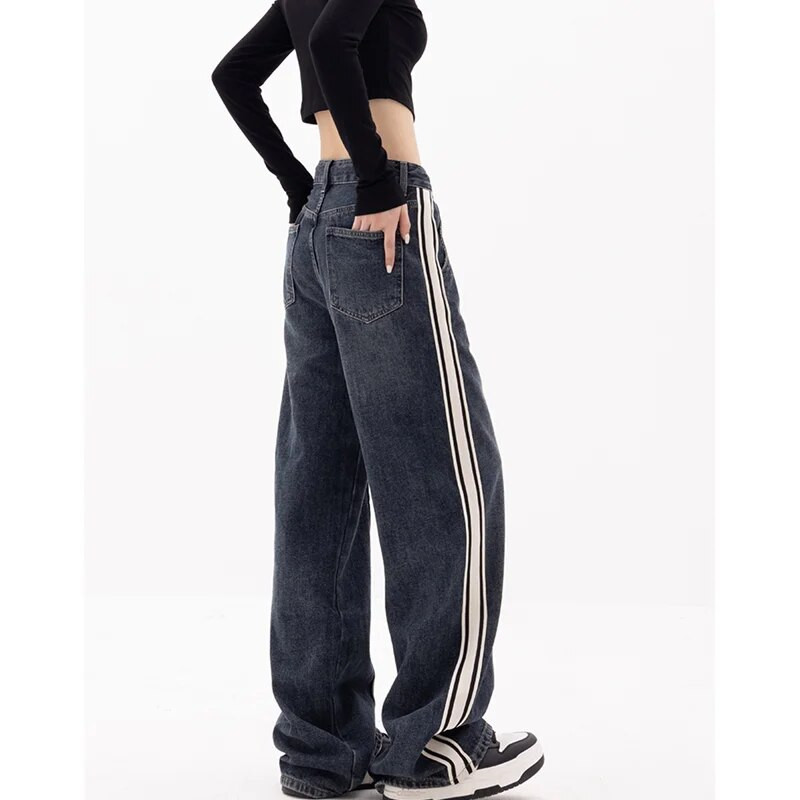 Amerikietiški vintažiniai mėlynai dryžuoti džinsai, madingi, kupriniai aukštu juosmeniu, tiesios kelnės Gatvės laisvalaikio plačios šluostės, džinsinės kelnės, moteriškos