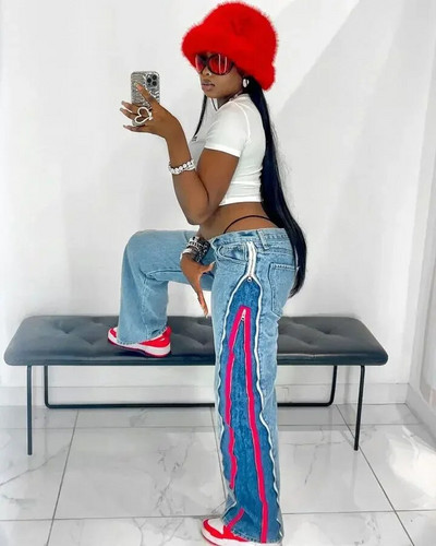 CM.YAYA naiste tänavarõivad, tõmblukk, kärbse triibuline külg, sirged teksapüksid, 2023. aasta INS moe laia säärega teksapüksid