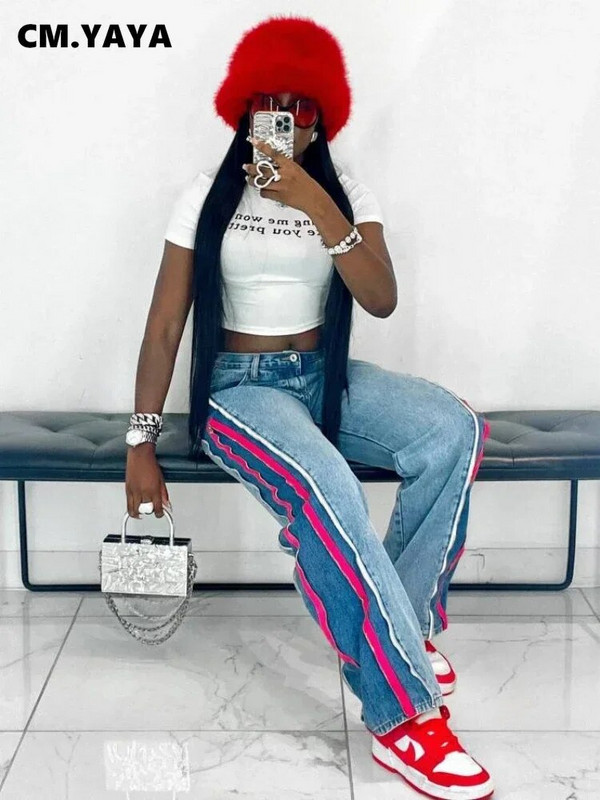 CM.YAYA naiste tänavarõivad, tõmblukk, kärbse triibuline külg, sirged teksapüksid, 2023. aasta INS moe laia säärega teksapüksid