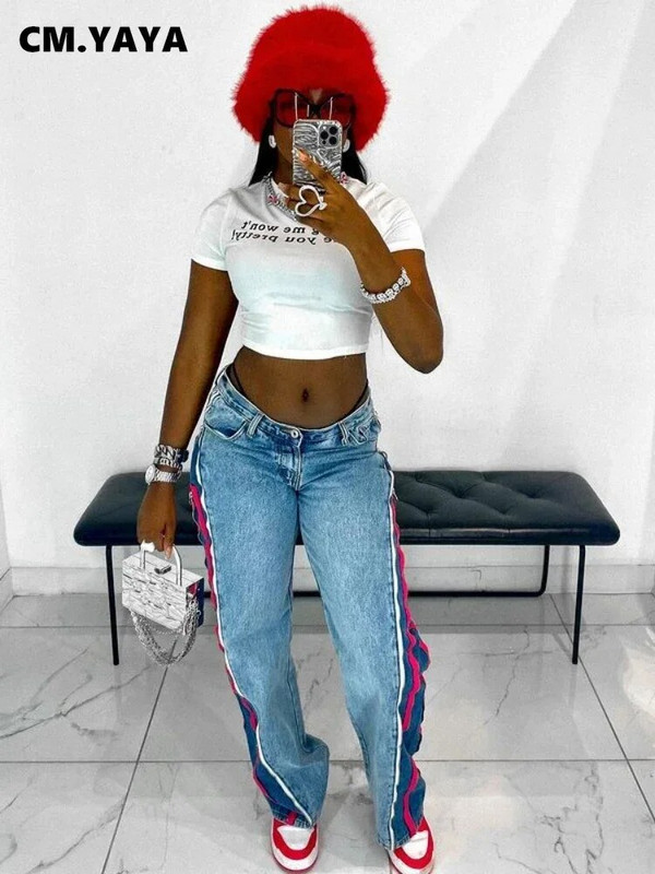 CM.YAYA naiste tänavarõivad, tõmblukk, kärbse triibuline külg, sirged teksapüksid, 2023. aasta INS moe laia säärega teksapüksid