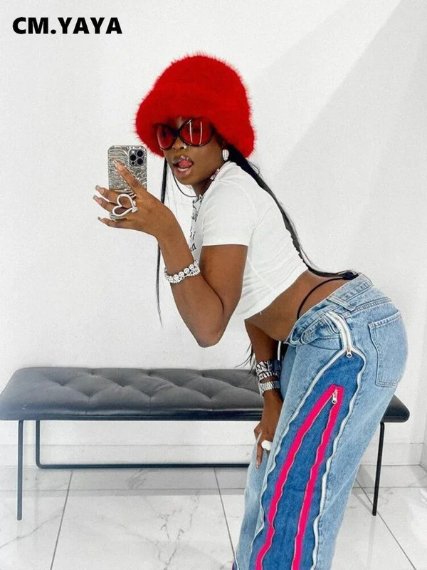 CM.YAYA naiste tänavarõivad, tõmblukk, kärbse triibuline külg, sirged teksapüksid, 2023. aasta INS moe laia säärega teksapüksid