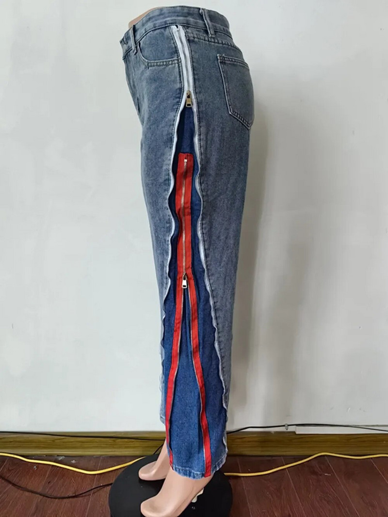 CM.YAYA naiste tänavarõivad, tõmblukk, kärbse triibuline külg, sirged teksapüksid, 2023. aasta INS moe laia säärega teksapüksid