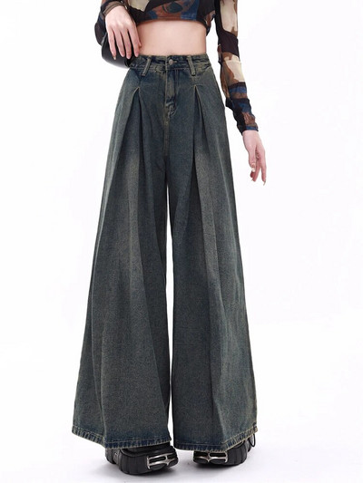 Baggy teksad Naiste kõrge vöökohaga teksad 2023. aasta sügis, uus täispikk nööp laia säärega Denimpüksid Tänavarõivad Vintage plisseeritud püksid