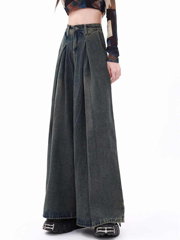 Baggy teksad Naiste kõrge vöökohaga teksad 2023. aasta sügis, uus täispikk nööp laia säärega Denimpüksid Tänavarõivad Vintage plisseeritud püksid