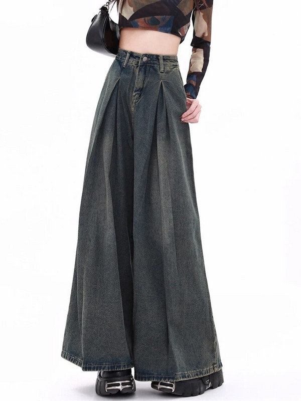 Baggy teksad Naiste kõrge vöökohaga teksad 2023. aasta sügis, uus täispikk nööp laia säärega Denimpüksid Tänavarõivad Vintage plisseeritud püksid