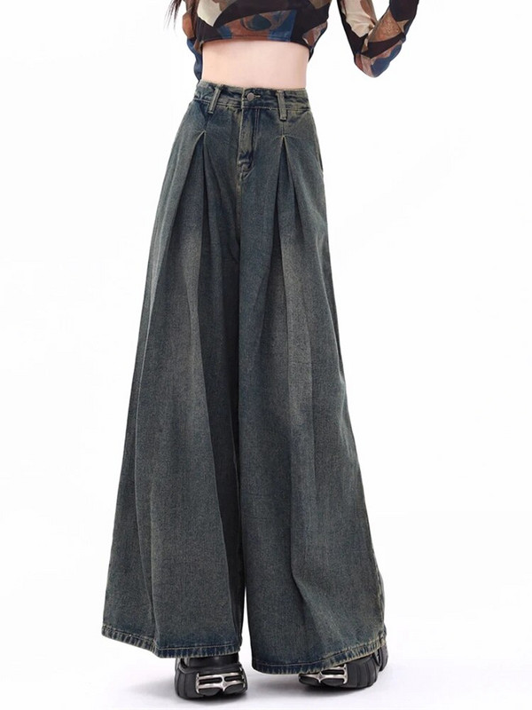 Baggy teksad Naiste kõrge vöökohaga teksad 2023. aasta sügis, uus täispikk nööp laia säärega Denimpüksid Tänavarõivad Vintage plisseeritud püksid