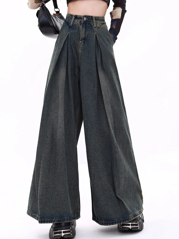 Baggy teksad Naiste kõrge vöökohaga teksad 2023. aasta sügis, uus täispikk nööp laia säärega Denimpüksid Tänavarõivad Vintage plisseeritud püksid