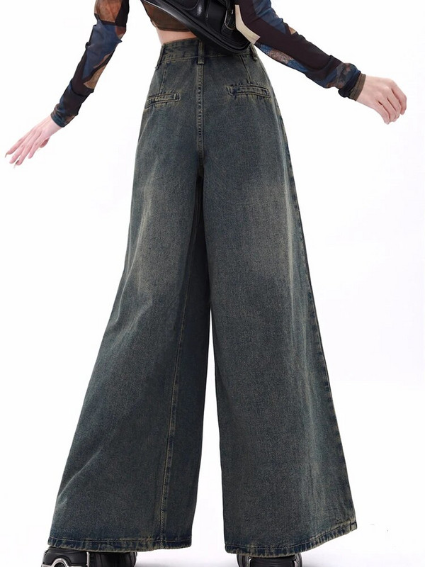 Baggy teksad Naiste kõrge vöökohaga teksad 2023. aasta sügis, uus täispikk nööp laia säärega Denimpüksid Tänavarõivad Vintage plisseeritud püksid