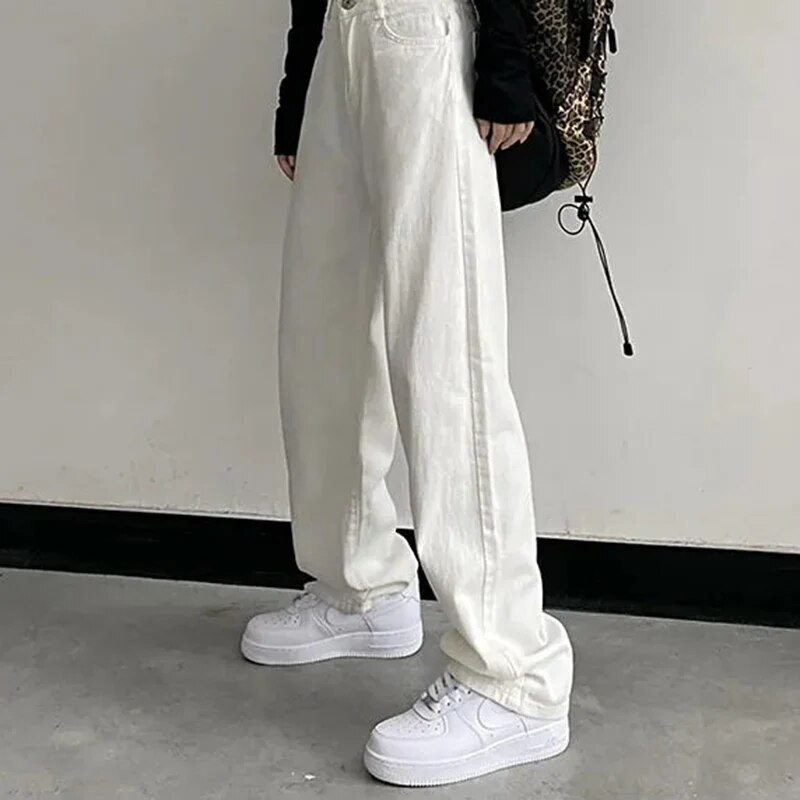 Vintažiniai moteriški džinsai aukštu juosmeniu Korėjietiškos mados laisvos plačios kelnės Y2K pavasario viskas atitinka solidžios baltos moteriškos džinsinės kelnės Nauja