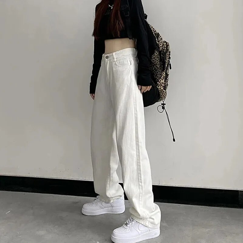 Vintažiniai moteriški džinsai aukštu juosmeniu Korėjietiškos mados laisvos plačios kelnės Y2K pavasario viskas atitinka solidžios baltos moteriškos džinsinės kelnės Nauja