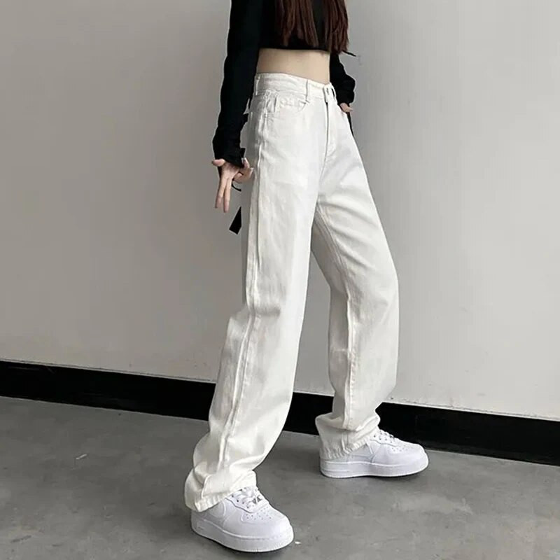 Vintažiniai moteriški džinsai aukštu juosmeniu Korėjietiškos mados laisvos plačios kelnės Y2K pavasario viskas atitinka solidžios baltos moteriškos džinsinės kelnės Nauja