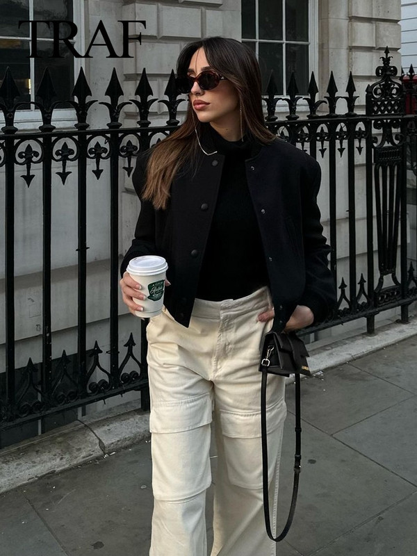 TRAF vanaaegne soliidne pikkade varrukatega pommitaja jakk, naiste vabaaja mantlid, 2023. aasta tänavarõivad, naiste elegantne revääri lukuga jakk