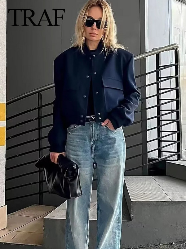 TRAF vanaaegne soliidne pikkade varrukatega pommitaja jakk, naiste vabaaja mantlid, 2023. aasta tänavarõivad, naiste elegantne revääri lukuga jakk