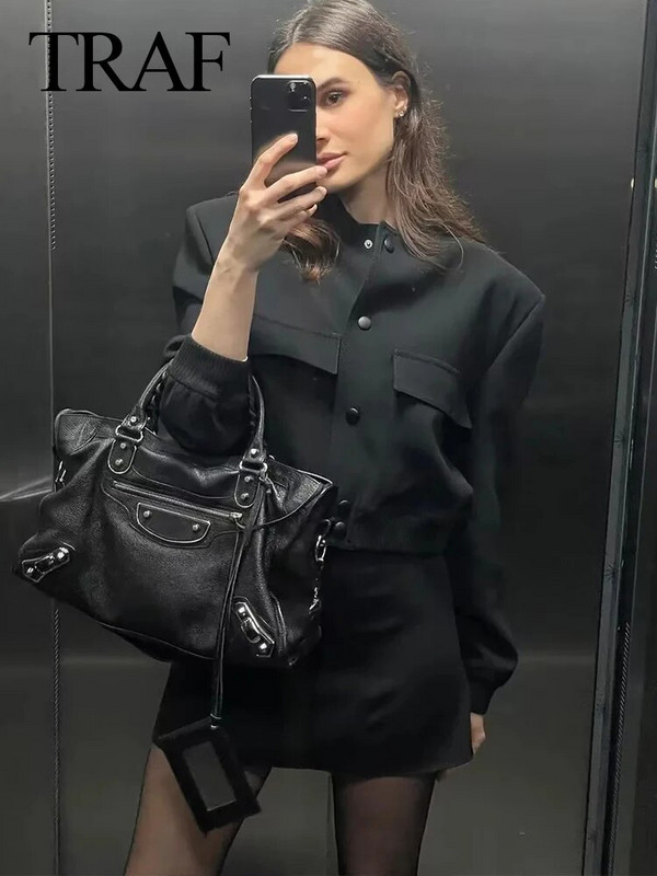 TRAF vanaaegne soliidne pikkade varrukatega pommitaja jakk, naiste vabaaja mantlid, 2023. aasta tänavarõivad, naiste elegantne revääri lukuga jakk