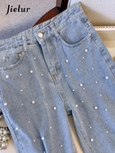 Jielur sinine sirge pärlmutter šikk naiste teksad kõrge vöökohaga ühevärvilised lahtised teksapüksid laia säärega püksid vabaaja naiste mood tänavarõivad