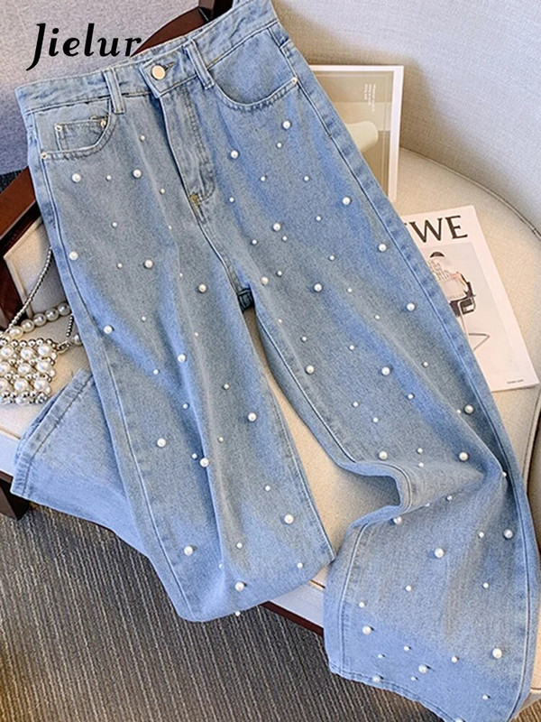 Jielur sinine sirge pärlmutter šikk naiste teksad kõrge vöökohaga ühevärvilised lahtised teksapüksid laia säärega püksid vabaaja naiste mood tänavarõivad