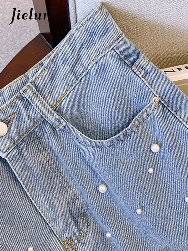 Jielur sinine sirge pärlmutter šikk naiste teksad kõrge vöökohaga ühevärvilised lahtised teksapüksid laia säärega püksid vabaaja naiste mood tänavarõivad