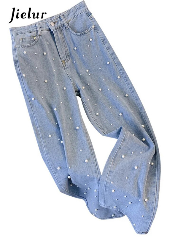 Jielur sinine sirge pärlmutter šikk naiste teksad kõrge vöökohaga ühevärvilised lahtised teksapüksid laia säärega püksid vabaaja naiste mood tänavarõivad