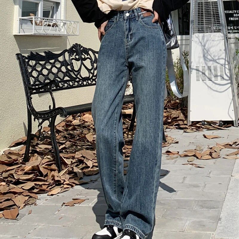 Tänavarõivad Denim Naiste teksad Naiste kõrge vöökoht Y2k Naiste riided Korea y2k sirge säärega Teksad Püksid Vintage riided Sinine