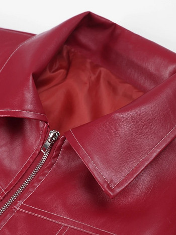 Γυναικείο Κόκκινο φερμουάρ με πέτο Δερμάτινο κουρεμένο παλτό Φθινοπωρινό casual μακρυμάνικο μπουφάν συνονθύλευμα 2023 Χειμερινή μόδα Νέα Streetwear γραφείου
