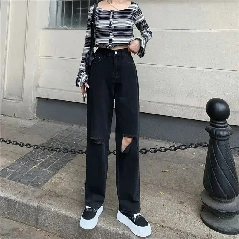 Naiste laia säärega Hip-hop Mopping Vintage Summer High Street Teksad augud Must Šikk Suuremõõdulised S-5XL Suured Harajuku vabaaja püksid