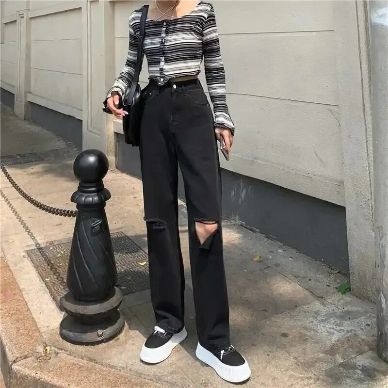 Naiste laia säärega Hip-hop Mopping Vintage Summer High Street Teksad augud Must Šikk Suuremõõdulised S-5XL Suured Harajuku vabaaja püksid