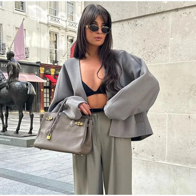 Jednobojna jakna s V-izrezom s jednim kopčanjem i dugim rukavima Ženska modna ležerna jesensko-zimska topla jakna 2023. Ženska šik ulična odjeća