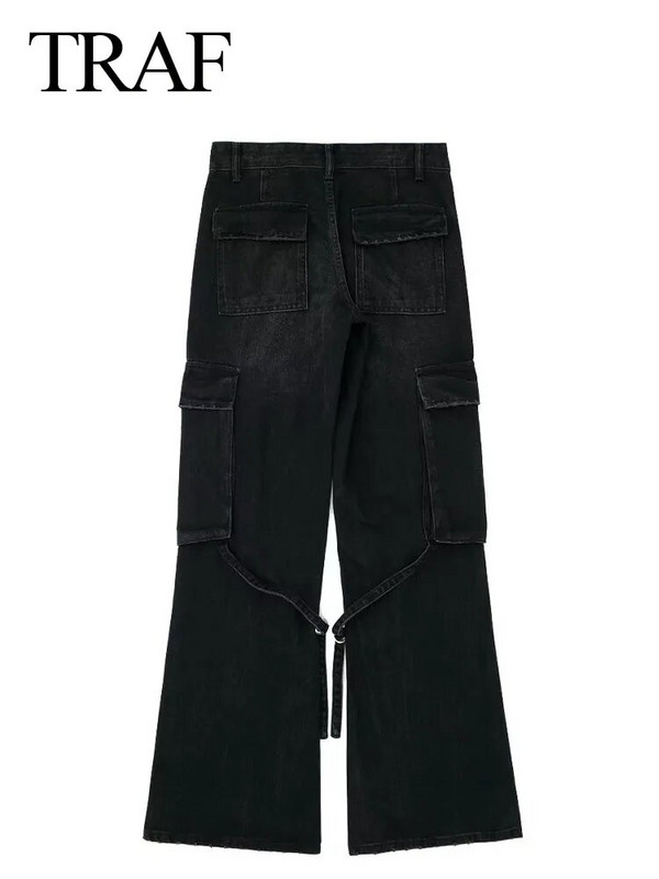 TRAF 2023 naistemood vintage tänavarõivad, pikad püksid, naiste stiilsed taskuga teksapüksid, sirge laia säärega teksad