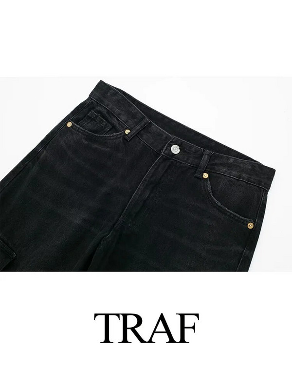 TRAF 2023 naistemood vintage tänavarõivad, pikad püksid, naiste stiilsed taskuga teksapüksid, sirge laia säärega teksad