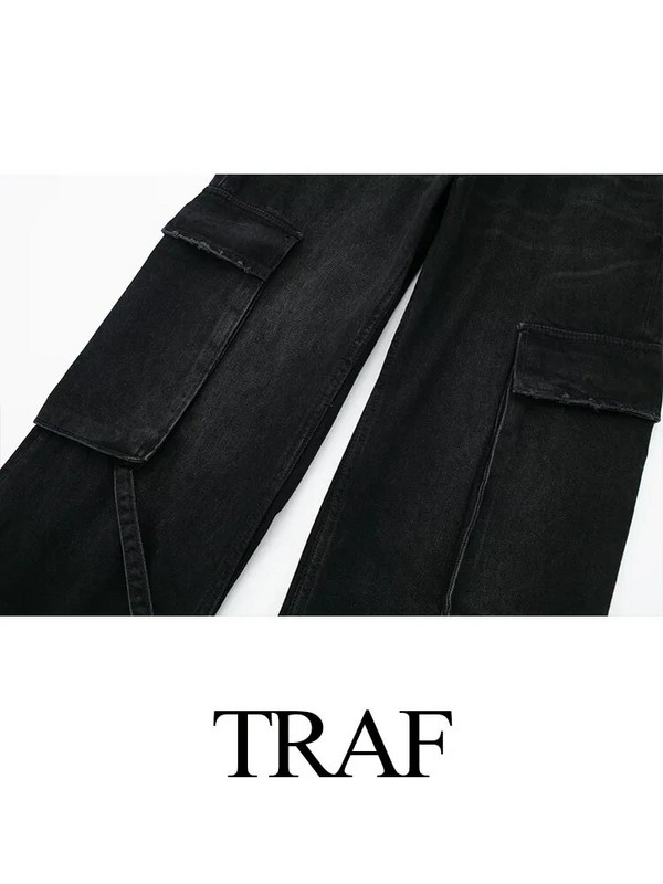 TRAF 2023 naistemood vintage tänavarõivad, pikad püksid, naiste stiilsed taskuga teksapüksid, sirge laia säärega teksad