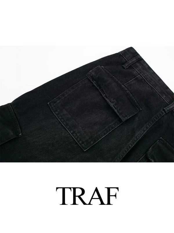 TRAF 2023 naistemood vintage tänavarõivad, pikad püksid, naiste stiilsed taskuga teksapüksid, sirge laia säärega teksad