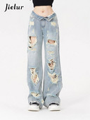 Jielur Laisvos skylutės Prašmatnūs tiesūs moteriški džinsai viso ilgio šviesiai mėlyni ploni madingi moteriški džinsai Vienspalviai seksualūs Y2k gatvės drabužiai