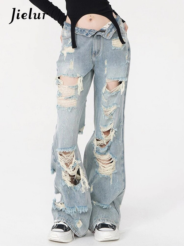 Jielur Laisvos skylutės Prašmatnūs tiesūs moteriški džinsai viso ilgio šviesiai mėlyni ploni madingi moteriški džinsai Vienspalviai seksualūs Y2k gatvės drabužiai