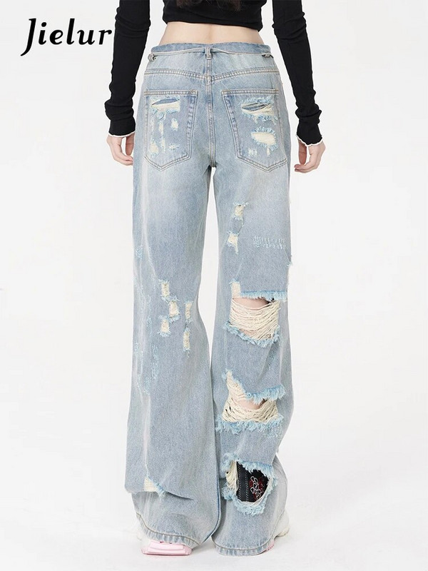 Jielur Laisvos skylutės Prašmatnūs tiesūs moteriški džinsai viso ilgio šviesiai mėlyni ploni madingi moteriški džinsai Vienspalviai seksualūs Y2k gatvės drabužiai
