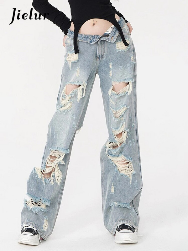 Jielur Laisvos skylutės Prašmatnūs tiesūs moteriški džinsai viso ilgio šviesiai mėlyni ploni madingi moteriški džinsai Vienspalviai seksualūs Y2k gatvės drabužiai