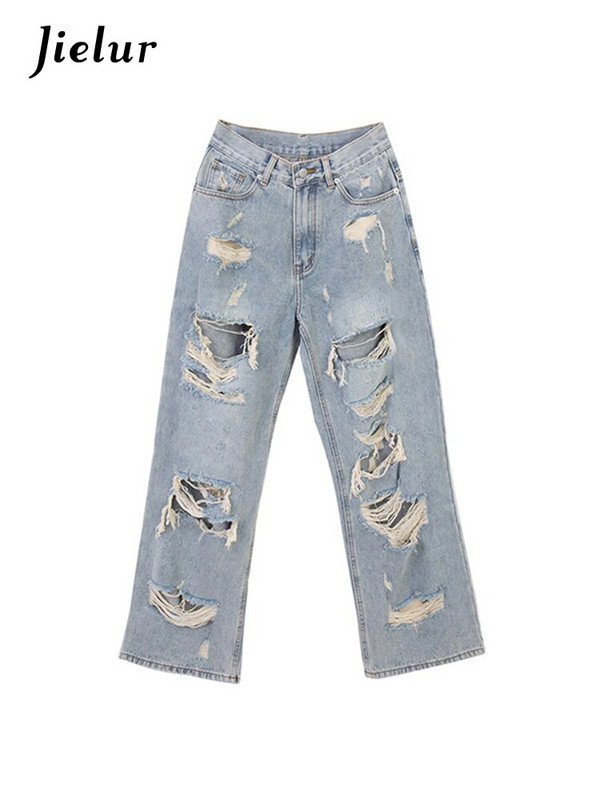 Jielur Laisvos skylutės Prašmatnūs tiesūs moteriški džinsai viso ilgio šviesiai mėlyni ploni madingi moteriški džinsai Vienspalviai seksualūs Y2k gatvės drabužiai