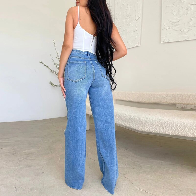 Naiste teksad Vaba vabaaja kõrge vöökohaga laia säärega püksid Moodsad Street Ripped Plus Size Mom Denim püksid 2023 Naiste püksid