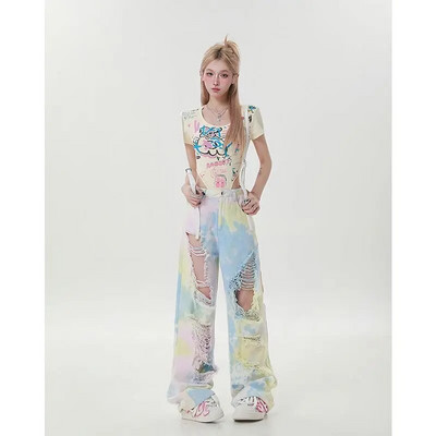 Euroopa ja Ameerika moekad vikerkaarekujulised perforeeritud teksad Naiste kõrge vöökohaga sirge sääre laia säärega püksid